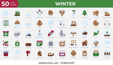 Winter icons in flat style. Snowflake, tea, sweater. Flat icons collection. Holiday symbol. Vector illustration