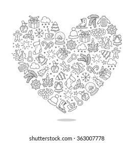 Winter icons in the form of a large heart. Vector illustration on white background.