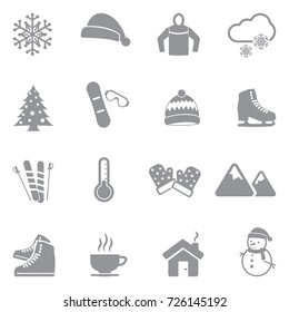 Winter Icons. Gray Flat Design. Vector Illustration. 