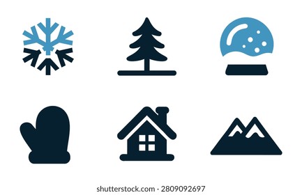 Winter icons including snowflake tree snow globe mitt house and mountains