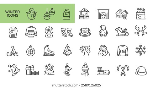 Winter icons. Large set of 31 trendy minimal winter icons. Snowflake, snowboard, winter hat, fireplace, and snowman icons. Design signs for web page, mobile app, packaging design. Vector illustration