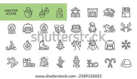Winter icons. Large set of 31 trendy minimal winter icons. Snowflake, snowboard, winter hat, fireplace, and snowman icons. Design signs for web page, mobile app, packaging design. Vector illustration