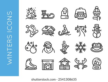 Ícones de inverno. Grande conjunto de ícones de inverno mínimo na moda. Floco de neve, snowboard, chapéu de inverno, lareira e ícones do boneco de neve. Sinais de design para página da Web, aplicativo móvel, design de embalagem. Ilustração vetorial