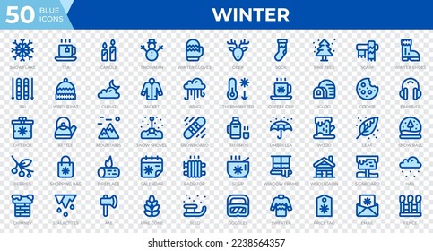 Winter icons in line blue style. Snowflake, tea, sweater. Line blue icons collection. Holiday symbol. Vector illustration