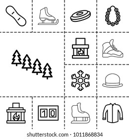 Winter icons. set of 13 editable outline winter icons such as pine tree, jacket, hockey puck, fireplace, garland, snowflake, sport score, snow board, hat, ice skate, boot