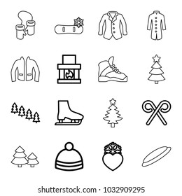 Winter icons. set of 16 editable outline winter icons such as pine tree, winter hat, fireplace, heart frozen, candy cane, ice skate, mittens, jacket, snowflake, hockey puck