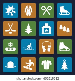 Winter icons set. set of 16 winter filled icons such as pine tree, hat, jacket, mittens, christmas tree, candy cane, fireplace, cold and hote mode, skiing, snowboard, hockey