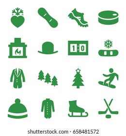 Winter icons set. set of 16 winter filled icons such as pine tree, hat, boot, winter hat, jacket, christmas tree, heart frozen, fireplace, snowboard, sport score, hockey