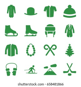 Winter icons set. set of 16 winter filled icons such as hat, jacket, winter hat, mittens, candy cane, garland, skiing, hockey, ice skate, christmas tree