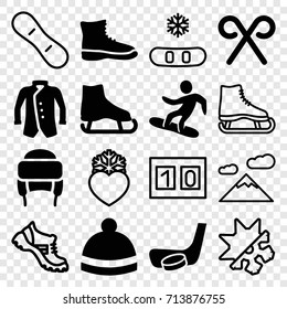 Winter icons set. set of 16 winter filled and outline icons such as winter hat, jacket, candy cane, snowboard, hockey stick and puck, boot, heart frozen, cold and hote mode