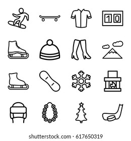 Winter icons set. set of 16 winter outline icons such as woman boots, jacket, winter hat, christmas tree, garland, snowflake, snowboard, sport score, hockey stick and puck