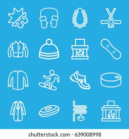 Winter icons set. set of 16 winter outline icons such as boot, jacket, winter hat, mittens, garland, fireplace, heating system, cold and hote mode, snowboard, hockey