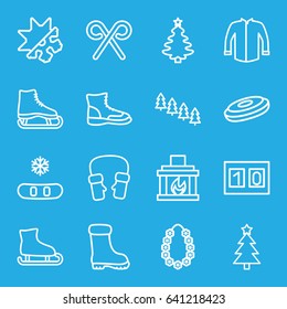 Winter icons set. set of 16 winter outline icons such as pine tree, boot, jacket, mittens, candy cane, garland, fireplace, cold and hote mode, sport score, christmas tree
