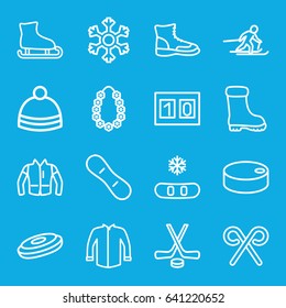 Winter icons set. set of 16 winter outline icons such as boot, jacket, winter hat, candy cane, garland, snowflake, skiing, sport score, hockey 