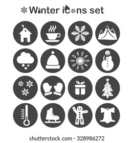 Winter icons set, 16 signs on dark round plates, 2d vector, eps 10