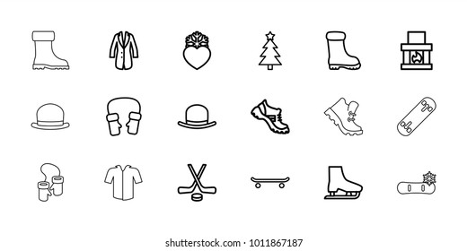 Winter icons. set of 18 editable outline winter icons: hat, boot, mittens, christmas tree, fireplace, skating, heart frozen, jacket, hockey, ice skate