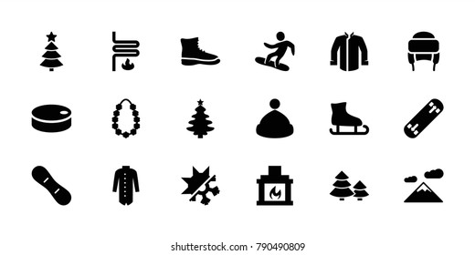 Winter icons. set of 18 editable filled winter icons: winter hat, jacket, christmas tree, mountain, boot, ice skating, garland, fireplace, heating system, cold and hote mode