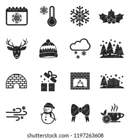 Winter Icons. Set 2. Black Scribble Design. Vector Illustration.