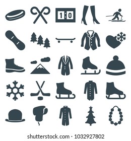 Winter icons. set of 25 editable filled winter icons such as pine tree, woman boots, winter hat, jacket, ice skate, hockey puck, mountain, boot, skating, ice skating