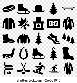 Winter icons set. set of 25 winter filled icons such as pine tree, hat, boot, jacket, christmas tree, christmas tree, garland, heating system, cold and hote mode, skiing