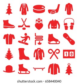 Winter icons set. set of 25 winter filled icons such as hat, boot, jacket, mittens, christmas tree, heart frozen, christmas tree, candy cane, heating system, snowboard