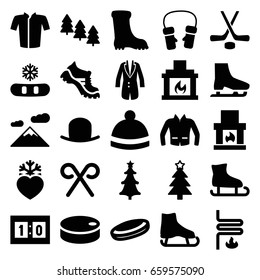 Winter icons set. set of 25 winter filled icons such as pine tree, hat, boot, jacket, winter hat, mittens, christmas tree, heart frozen, christmas tree, candy cane, fireplace