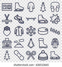 Winter icons set. set of 25 winter outline icons such as pine tree, boot, winter hat, mittens, jacket, heart frozen, christmas tree, candy cane, fireplace, snowflake