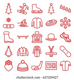 Winter icons set. set of 25 winter outline icons such as pine tree, hat, boot, jacket, winter hat, heart frozen, christmas tree, fireplace, snowflake, skiing, snowboard