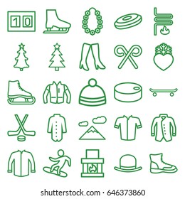 Winter icons set. set of 25 winter outline icons such as hat, woman boots, jacket, winter hat, heart frozen, christmas tree, candy cane, garland, heating system, snowboard