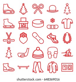 Winter icons set. set of 25 winter outline icons such as hat, woman boots, boot, jacket, winter hat, mittens, heart frozen, christmas tree, candy cane, garland, skiing