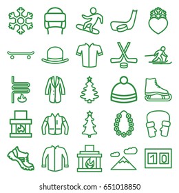 Winter icons set. set of 25 winter outline icons such as hat, boot, jacket, winter hat, mittens, heart frozen, christmas tree, garland, fireplace, snowflake, heating system