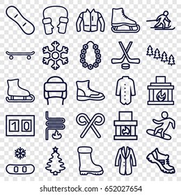 Winter icons set. set of 25 winter outline icons such as pine tree, boot, winter hat, mittens, jacket, candy cane, garland, fireplace, snowflake, heating system, skiing