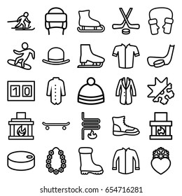 Winter icons set. set of 25 winter outline icons such as hat, boot, jacket, winter hat, mittens, heart frozen, garland, fireplace, heating system, cold and hote mode, skiing
