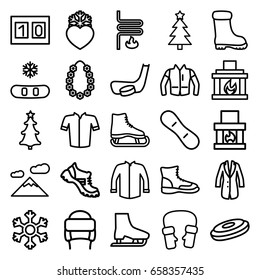 Winter icons set. set of 25 winter outline icons such as boot, jacket, winter hat, mittens, heart frozen, christmas tree, garland, fireplace, snowflake, heating system