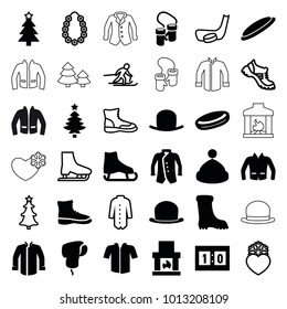 Winter icons. set of 36 editable filled and outline winter icons such as hat, boot, jacket, christmas tree, ice skate, hockey puck, fireplace, sport score, heart frozen