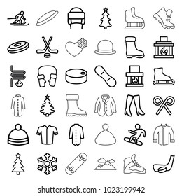 Winter icons. set of 36 editable outline winter icons such as woman boots, boot, jacket, winter hat, mittens, christmas tree, hockey puck, fireplace, ice skating