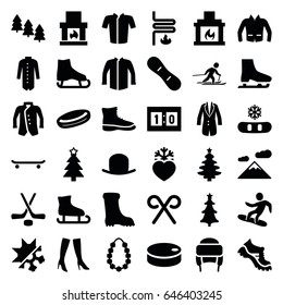Winter icons set. set of 36 winter filled icons such as pine tree, hat, woman boots, boot, jacket, winter hat, christmas tree, heart frozen, christmas tree, candy cane