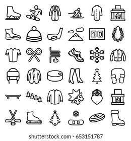 Winter icons set. set of 36 winter outline icons such as pine tree, woman boots, boot, jacket, winter hat, mittens, heart frozen, candy cane, garland, fireplace, snowflake