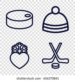 Winter icons set. set of 4 winter outline icons such as winter hat, heart frozen, hockey