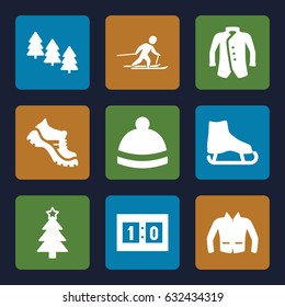 Winter icons set. set of 9 winter filled icons such as pine tree, boot, winter hat, jacket, christmas tree, skiing, sport score