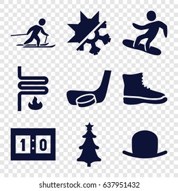 Winter icons set. set of 9 winter filled icons such as hat, christmas tree, heating system, cold and hote mode, skiing, snowboard, sport score, hockey stick and puck