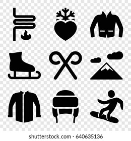 Winter icons set. set of 9 winter filled icons such as jacket, winter hat, heart frozen, candy cane, heating system, snowboard, mountain