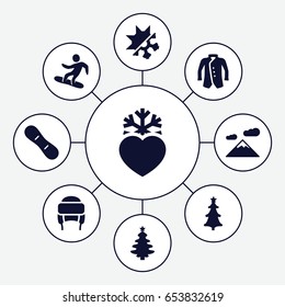 Winter icons set. set of 9 winter filled icons such as winter hat, jacket, heart frozen, christmas tree, cold and hote mode, snowboard, snow board, christmas tree