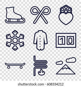 Winter icons set. set of 9 winter outline icons such as jacket, heart frozen, candy cane, snowflake, heating system, sport score, mountain, skating