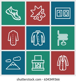 Winter icons set. set of 9 winter outline icons such as boot, jacket, heating system, cold and hote mode, sport score, fireplace