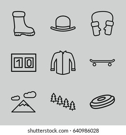 Winter icons set. set of 9 winter outline icons such as pine tree, hat, boot, jacket, mittens, sport score, mountain, skating