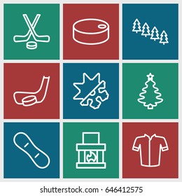 Winter icons set. set of 9 winter outline icons such as pine tree, jacket, cold and hote mode, hockey, hockey puck, hockey stick and puck, snow board, christmas tree