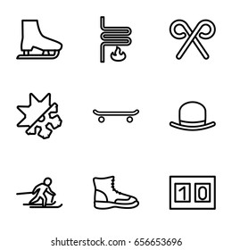 Winter icons set. set of 9 winter outline icons such as hat, candy cane, heating system, cold and hote mode, skiing, sport score, ice skate, boot