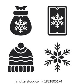 Wintersymbole Set = Wintertasche, Smartphone, Mütze, Schneeflocke. Perfekt für mobile App-Anwendungen, App-Icons, Präsentationen, Illustrationen und andere Projekte.