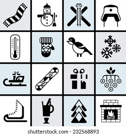 Winter icons set black with bullfinch, snowflake mittens fireplace isolated vector illustration.